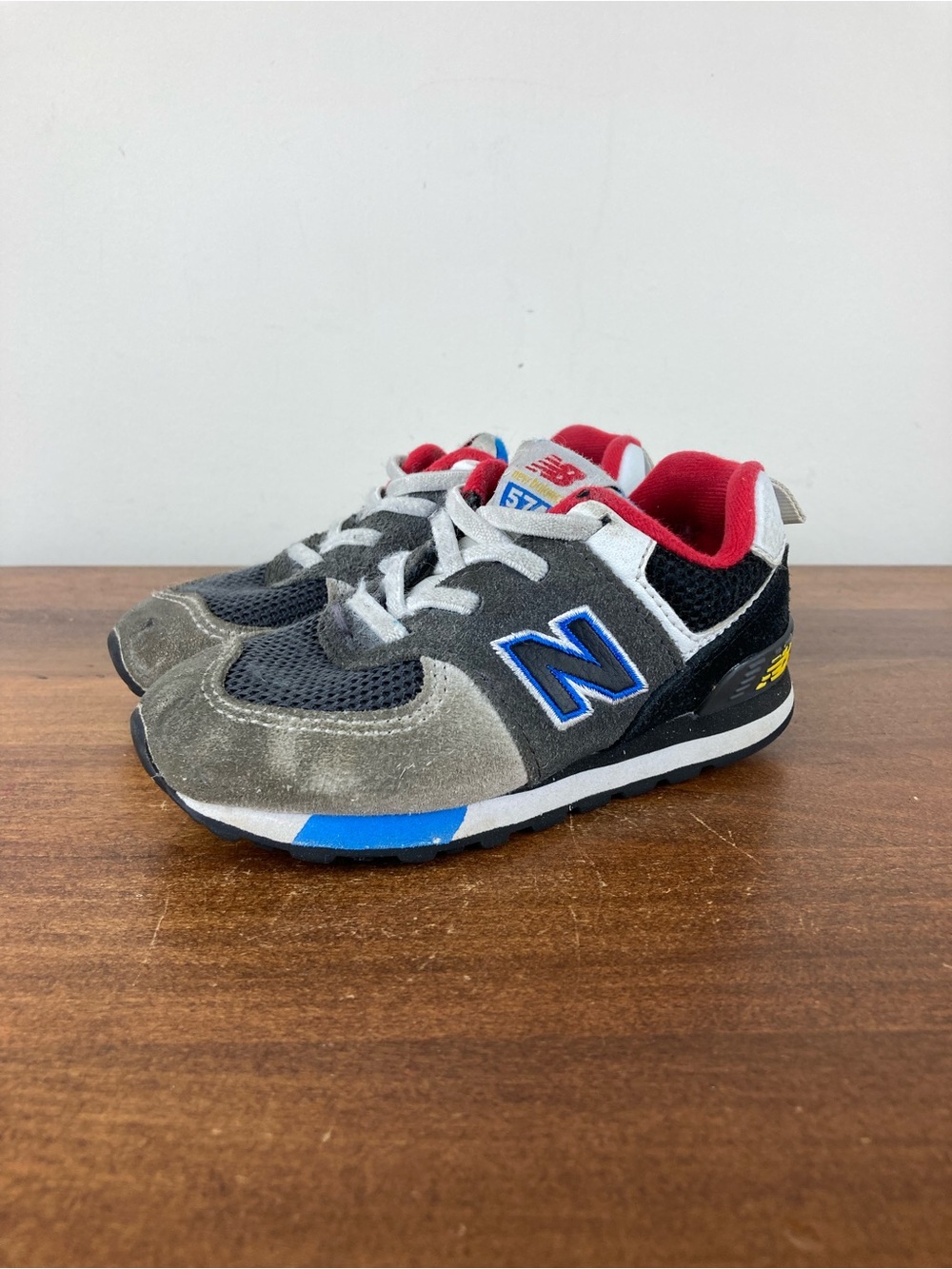 New Balance 574 Stretch Lace Toddler Kids Size 8M Sneakers ID574LB1 Gray Red.